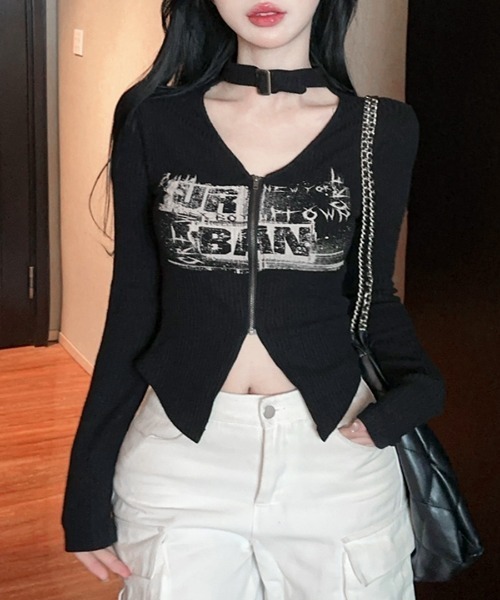 Riff(リフ)の「ネックベルトフロントジップ長袖トップス(Tシャツ/カットソー・レディース・ベージュ/ブラック・FREE)」の14枚目の写真