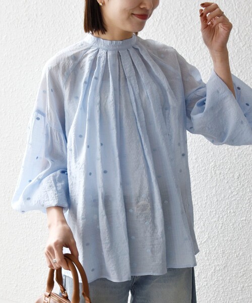 SHIPS any:〈手洗い可能〉シアー ドット スタンドカラー パフ ギャザー