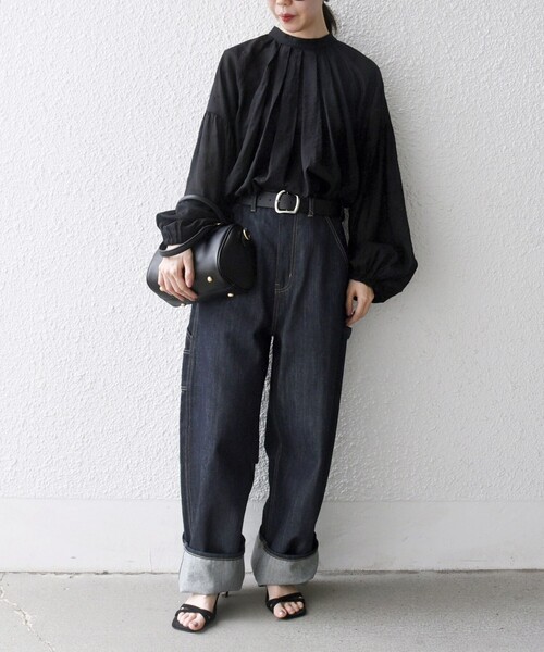 SHIPS any:〈手洗い可能〉シアー ドット スタンドカラー パフ ギャザー