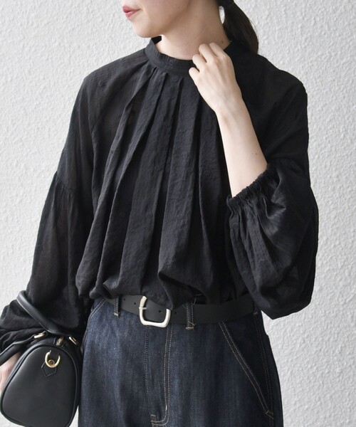 SHIPS any:〈手洗い可能〉シアー ドット スタンドカラー パフ ギャザー