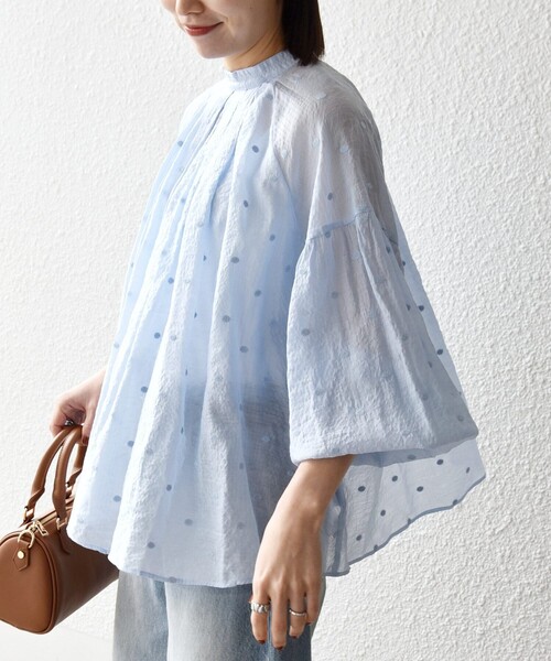 セール】SHIPS any:〈手洗い可能〉シアー ドット スタンドカラー パフ