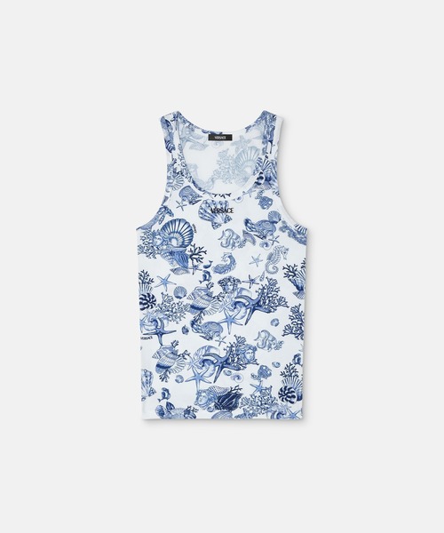 VERSACE（ヴェルサーチ）の「ロゴ リブ編み タンクトップ コーラル シアター（タンクトップ・メンズ・ホワイト×ブルー・5/L/4/M/3/S）」の3枚目の写真