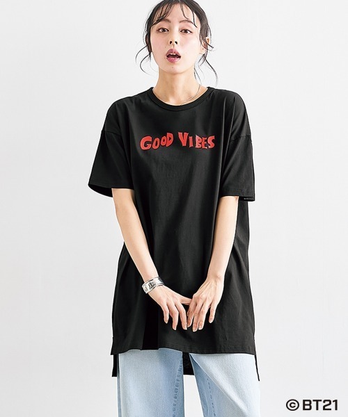 SMILE LAND(スマイルランド)の「【BT21】ゆるシルエットプリントチュニックTシャツ<大きいサイズ有>(Tシャツ/カットソー・レディース・ブラック/杢グレー/ライトパープル/カーキ系/ネイビー系・S~M/L~LL/3L~4L/5L~6L)」の10枚目の写真