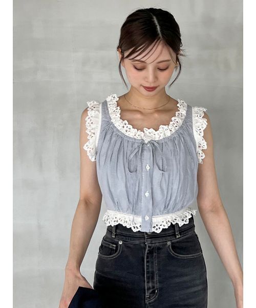 フランスビンテージ コットンフリルブラウス ホワイト Antique Cotton Frill Blouse（アンティーク コットン フリル