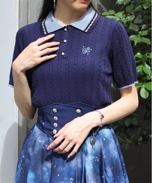axes femme(アクシーズファム)の「刺繍入り配色襟ニットポロ(ニット/セーター・レディース・ネイビー/グレー/ピンク・FREE)」の1枚目の写真