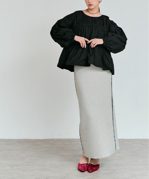 W:Huku(フーク)の「タイプライター 切り替え シャーリング トップス /Cotton Typewriter Shirring Flare Top(シャツ/ブラウス・レディース・オフホワイト/グレー/ブラック・FREE)」の14枚目の写真
