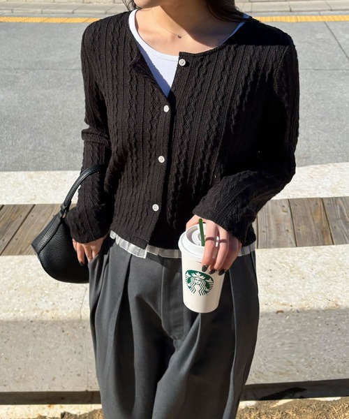 CHAN ME(チャンミ)の「裾レースケーブルカーディガン(カーディガン/ボレロ・レディース・グレー/ブラック・MEDIUM/LARGE/X-LARGE)」の1枚目の写真