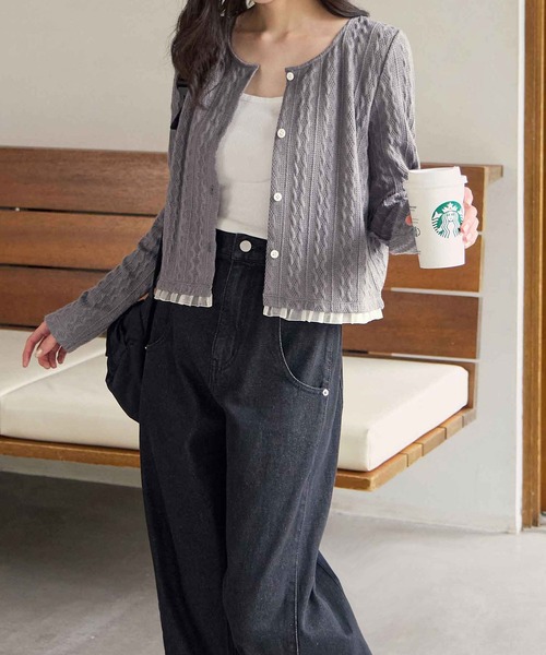 CHAN ME(チャンミ)の「裾レースケーブルカーディガン(カーディガン/ボレロ・レディース・グレー/ブラック・MEDIUM/LARGE/X-LARGE)」の5枚目の写真