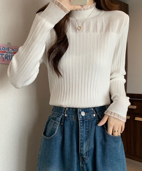 セール】上品な透け感レース切替リブニットトップス（ニット/セーター