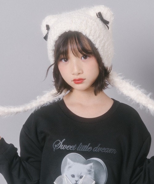 URBAN CHERRY（アーバンチェリー）の「猫耳リボンファーキャップ（ニットキャップ/ビーニー・キッズ・ホワイト/ピンク・FREE）」の3枚目の写真