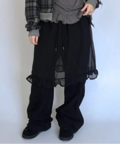 Vipoa(ヴィポア)の「chiffon layered sweat pants(スウェットパンツ・レディース・ブラック/グレー・FREE)」の1枚目の写真