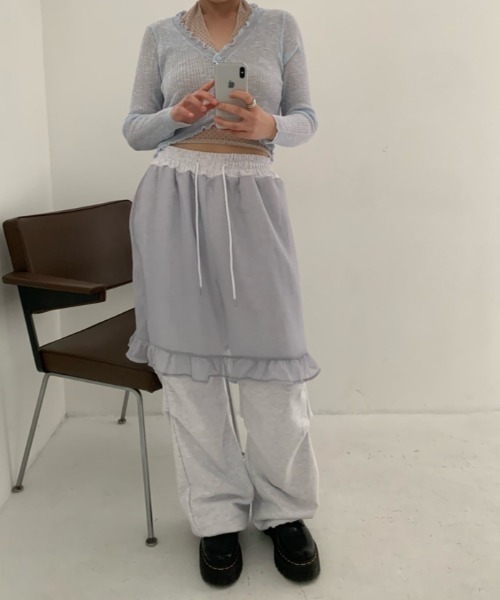 Vipoa(ヴィポア)の「chiffon layered sweat pants(スウェットパンツ・レディース・ブラック/グレー・FREE)」の9枚目の写真