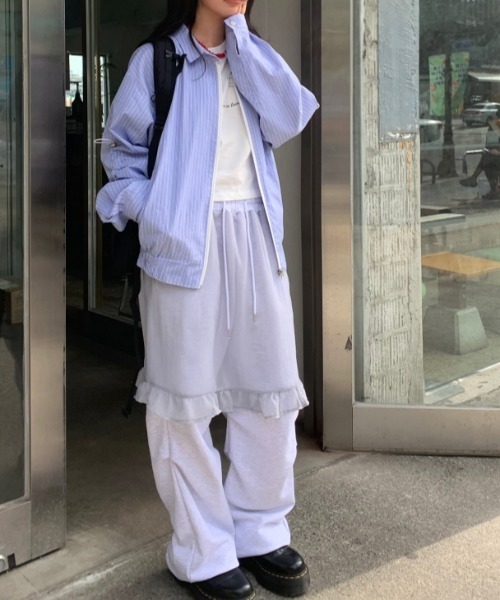 Vipoa(ヴィポア)の「chiffon layered sweat pants(スウェットパンツ・レディース・ブラック/グレー・FREE)」の5枚目の写真
