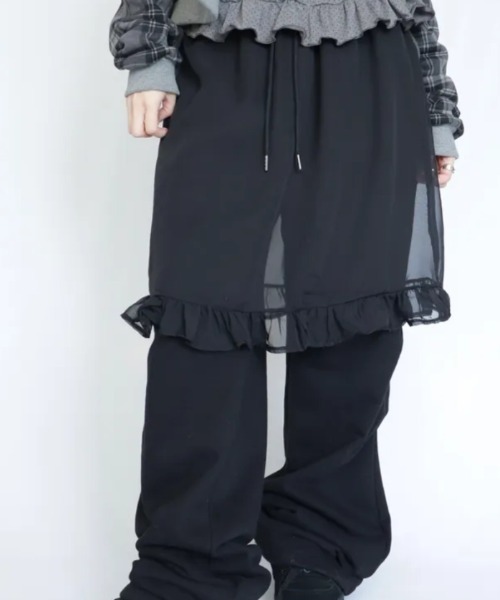 Vipoa(ヴィポア)の「chiffon layered sweat pants(スウェットパンツ・レディース・ブラック/グレー・FREE)」の4枚目の写真