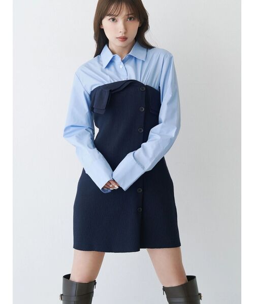 MERCURYDUO(マーキュリーデュオ)の「【WEB限定カラーあり】シャツレイヤード風ニットドッキングミニワンピース(ワンピース・レディース・オフホワイト/ブルー/その他1/ピンク・SMALL/MEDIUM)」の3枚目の写真