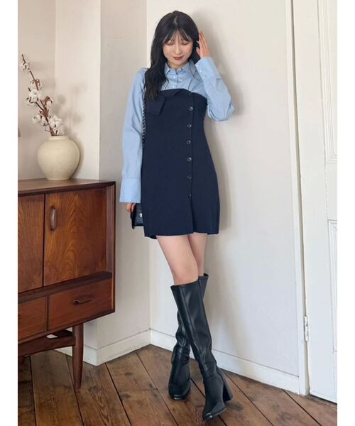 MERCURYDUO（マーキュリーデュオ）の「【WEB限定カラーあり】シャツレイヤード風ニットドッキングミニワンピース（ワンピース・レディース・オフホワイト/ブルー/その他1/ピンク・SMALL/MEDIUM）」の6枚目の写真