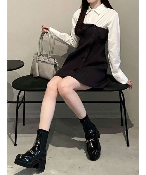 MERCURYDUO(マーキュリーデュオ)の「【WEB限定カラーあり】シャツレイヤード風ニットドッキングミニワンピース(ワンピース・レディース・オフホワイト/ブルー/その他1/ピンク・SMALL/MEDIUM)」の6枚目の写真