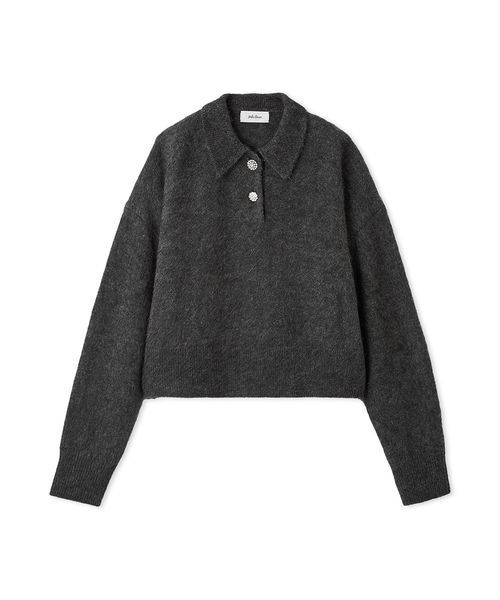 セール】ビジュー釦クロップドポロニットプルオーバー（ポロシャツ
