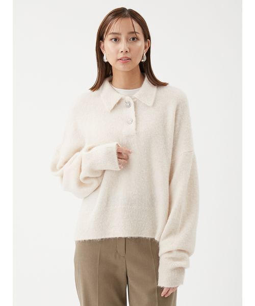 セール】ビジュー釦クロップドポロニットプルオーバー（ポロシャツ