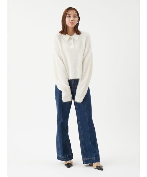 セール】ビジュー釦クロップドポロニットプルオーバー（ポロシャツ