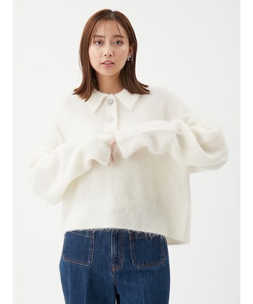 セール】ビジュー釦クロップドポロニットプルオーバー（ポロシャツ