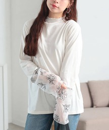 花刺繍シアーフレアスリーブ切り替えメロートップス【大きいサイズ対応】