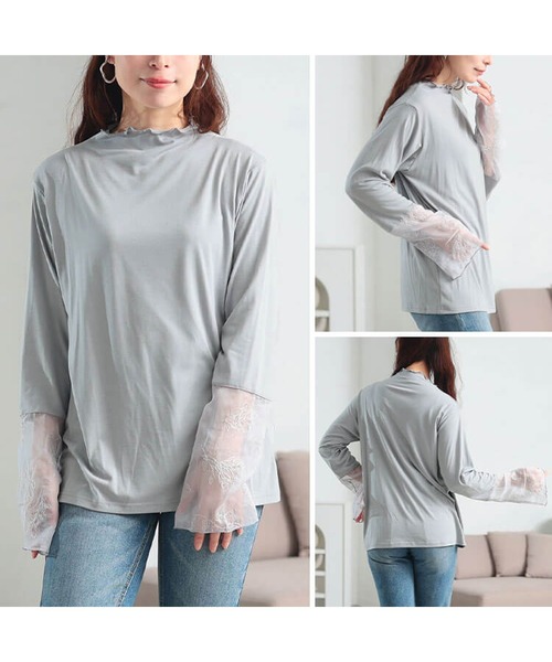 GOLDJAPAN（ゴールドジャパン）の「花刺繍シアーフレアスリーブ切り替えメロートップス【大きいサイズ対応】（Tシャツ/カットソー・レディース・オフホワイト/ライトグレー/ブラック・3L/LL/5L/4L）」の10枚目の写真
