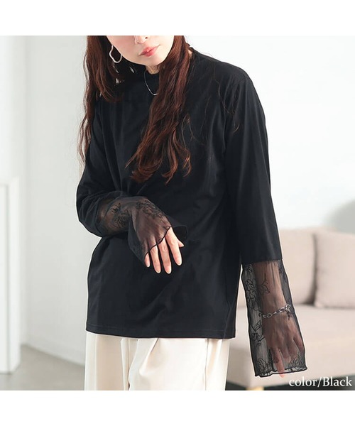 GOLDJAPAN（ゴールドジャパン）の「花刺繍シアーフレアスリーブ切り替えメロートップス【大きいサイズ対応】（Tシャツ/カットソー・レディース・オフホワイト/ライトグレー/ブラック・3L/LL/5L/4L）」の11枚目の写真