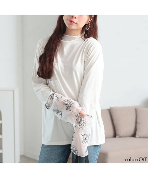 GOLDJAPAN（ゴールドジャパン）の「花刺繍シアーフレアスリーブ切り替えメロートップス【大きいサイズ対応】（Tシャツ/カットソー・レディース・オフホワイト/ライトグレー/ブラック・3L/LL/5L/4L）」の14枚目の写真