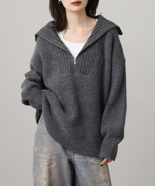 atONE(アットワン)の「ビッグカラー風 ハーフZIP プルオーバーもっちり ニット トップス(ニット/セーター・レディース・ピンク/ベージュ/ブルー/チャコールグレー・F)」の2枚目の写真