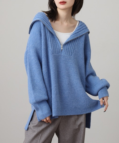 atONE(アットワン)の「ビッグカラー風 ハーフZIP プルオーバーもっちり ニット トップス(ニット/セーター・レディース・ピンク/ベージュ/ブルー/チャコールグレー・F)」の3枚目の写真