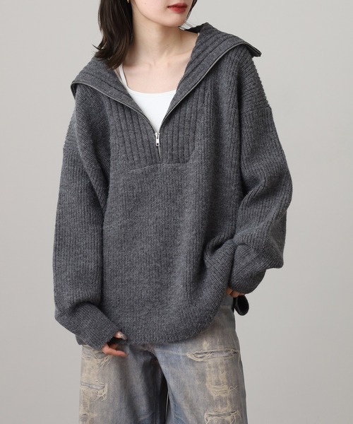 atONE(アットワン)の「ビッグカラー風 ハーフZIP プルオーバーもっちり ニット トップス(ニット/セーター・レディース・ピンク/ベージュ/ブルー/チャコールグレー・F)」の5枚目の写真