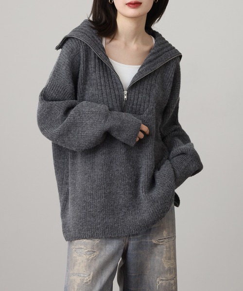 atONE(アットワン)の「ビッグカラー風 ハーフZIP プルオーバーもっちり ニット トップス(ニット/セーター・レディース・ピンク/ベージュ/ブルー/チャコールグレー・F)」の7枚目の写真
