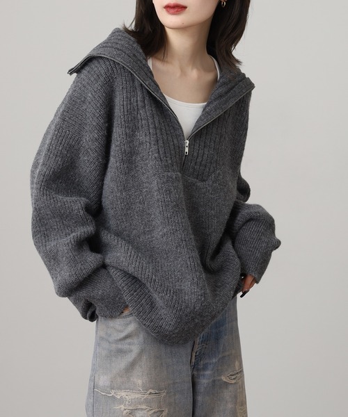 atONE(アットワン)の「ビッグカラー風 ハーフZIP プルオーバーもっちり ニット トップス(ニット/セーター・レディース・ピンク/ベージュ/ブルー/チャコールグレー・F)」の8枚目の写真