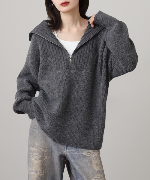 atONE(アットワン)の「ビッグカラー風 ハーフZIP プルオーバーもっちり ニット トップス(ニット/セーター・レディース・ピンク/ベージュ/ブルー/チャコールグレー・F)」の6枚目の写真