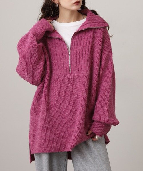 atONE(アットワン)の「ビッグカラー風 ハーフZIP プルオーバーもっちり ニット トップス(ニット/セーター・レディース・ピンク/ベージュ/ブルー/チャコールグレー・F)」の18枚目の写真