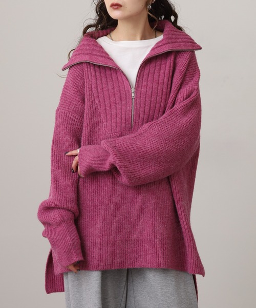 atONE(アットワン)の「ビッグカラー風 ハーフZIP プルオーバーもっちり ニット トップス(ニット/セーター・レディース・ピンク/ベージュ/ブルー/チャコールグレー・F)」の19枚目の写真