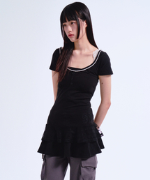 SHIRRING LACE FRILL TEE BLACK