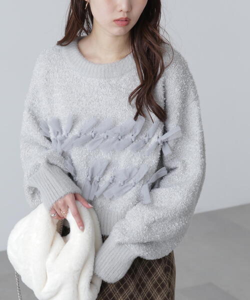 FREE'S MART（フリーズマート）の「◆ファンシーヤーンチュールリボンニット（ニット/セーター・レディース・ホワイト/グレー/ブラック・FREE）」の3枚目の写真