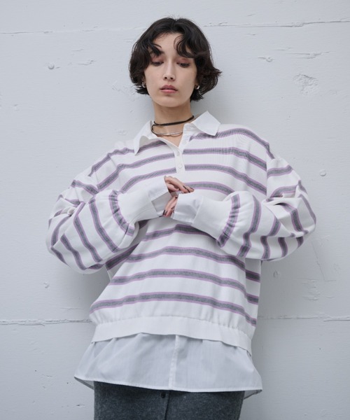 AIC.（エーアイシー）の「ブロードシャツコンビネーションボーダーニット（ニット/セーター・レディース・オフホワイト/ブルー・FREE）」の2枚目の写真