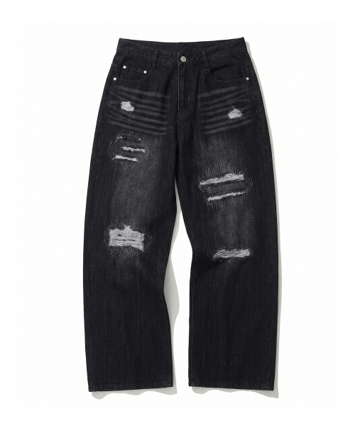 DECET(デケト)の「Patched Damage Wide Jeans DCPT047BlackB(デニムパンツ・レディース・その他・26/28/30/32/34)」の1枚目の写真