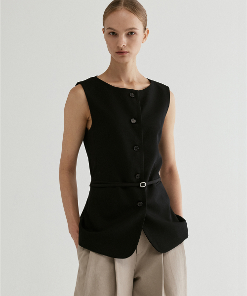 Belted Sleeveless Tailored Vest Black