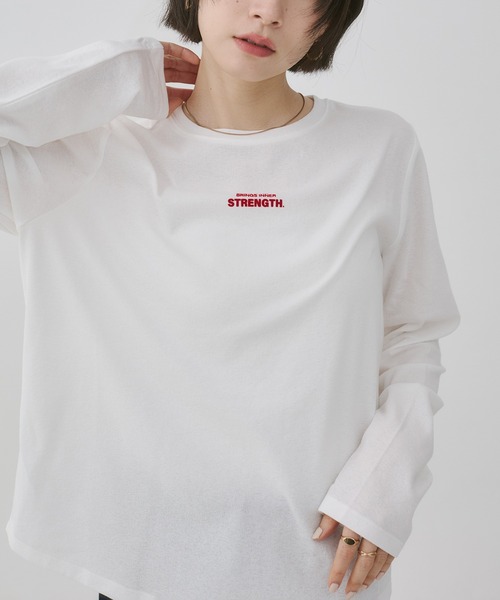 hunch(ハンチ)の「フロッキー ロゴ 長袖Tシャツ(Tシャツ/カットソー・レディース・ベージュ/オフホワイト/チャコール・FREE)」の2枚目の写真