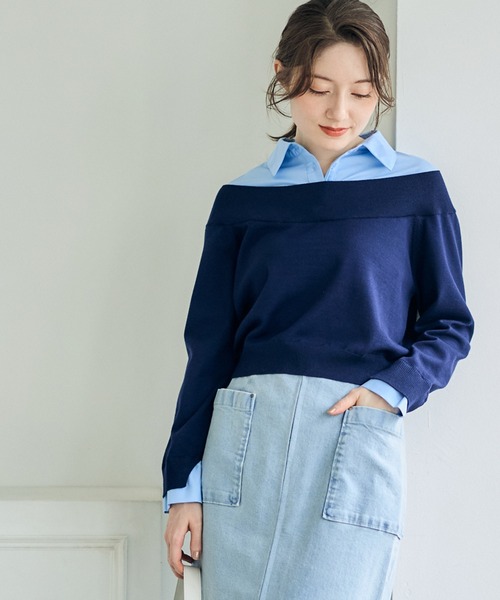 12Twelve Agenda（トゥエルブ　アジェンダ）の「シャツレイヤード風ニットプルオーバー（ニット/セーター・レディース・チャコールグレー/グレイッシュベージュ/ネイビー・M）」の3枚目の写真