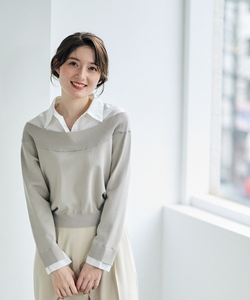 12Twelve Agenda（トゥエルブ　アジェンダ）の「シャツレイヤード風ニットプルオーバー（ニット/セーター・レディース・チャコールグレー/グレイッシュベージュ/ネイビー・M）」の2枚目の写真