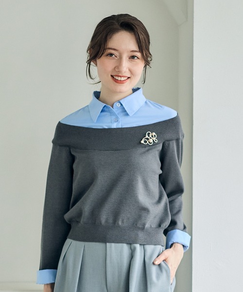 12Twelve Agenda（トゥエルブ　アジェンダ）の「シャツレイヤード風ニットプルオーバー（ニット/セーター・レディース・チャコールグレー/グレイッシュベージュ/ネイビー・M）」の4枚目の写真