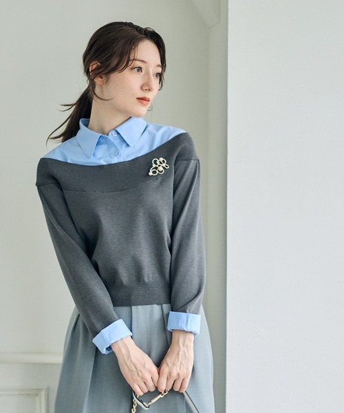 12Twelve Agenda（トゥエルブ　アジェンダ）の「シャツレイヤード風ニットプルオーバー（ニット/セーター・レディース・チャコールグレー/グレイッシュベージュ/ネイビー・M）」の5枚目の写真