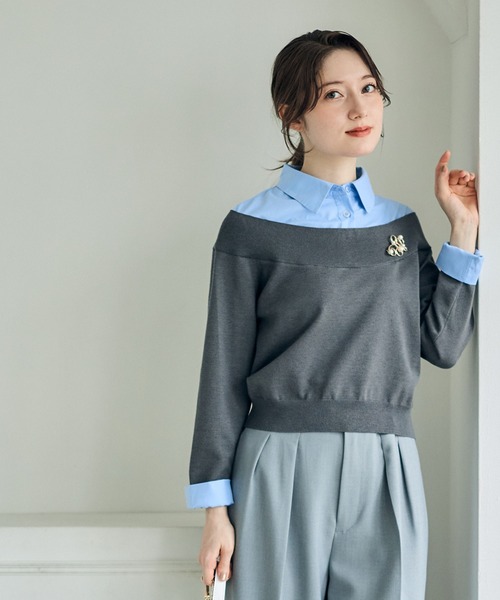 12Twelve Agenda（トゥエルブ　アジェンダ）の「シャツレイヤード風ニットプルオーバー（ニット/セーター・レディース・チャコールグレー/グレイッシュベージュ/ネイビー・M）」の8枚目の写真