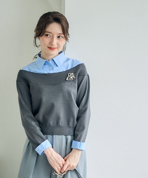 12Twelve Agenda（トゥエルブ　アジェンダ）の「シャツレイヤード風ニットプルオーバー（ニット/セーター・レディース・チャコールグレー/グレイッシュベージュ/ネイビー・M）」の6枚目の写真