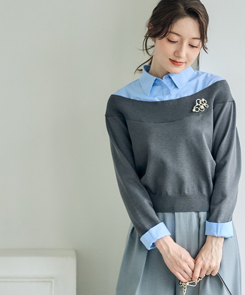 12Twelve Agenda（トゥエルブ　アジェンダ）の「シャツレイヤード風ニットプルオーバー（ニット/セーター・レディース・チャコールグレー/グレイッシュベージュ/ネイビー・M）」の7枚目の写真